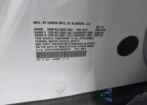 2017 Honda Pilot Elite z USA, uszkodzony, nr VIN 5FNYF6H04HB022847